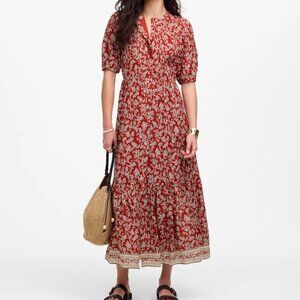 Madewell Pintucked Puff-Sleeve Midi Dress in Floral Red and White Size 4